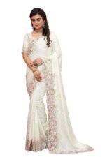 Cream Heavy Sequence Coding Embroidered Border Work Satin Silk Saree Sari For Women and Girls with Attach Blouse Piece
