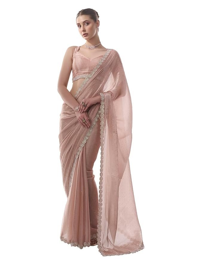 61SEyDRjd3L._SY879_ Women's Chiffon All Over Fix Diamond & Lace Work Saree With Art Silk Matching Unstitched Blouse Piece - Image 1