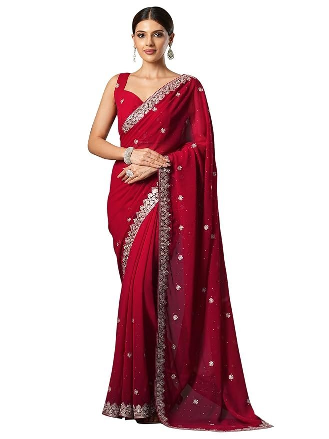 71d4byMPGIL._SY879_ Women's Georgette Embroidered Saree With Unstitched Blouse - Image 1