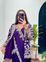 Ready To Wear Saree & Koti Set For Women Bollywood Style Chinon Silk Fabric On Embrodery Sequance Cording Work - Image 3