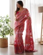 Women Floral Woven Kanjeevaram Saree with Contrast Border - Image 2