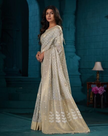 Sarah Idhika Cotton Saree, Grey Colour, Abstract Pattern, Unstitched Blouse Saree